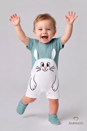 Tavşan Baskılı Şortlu Erkek Bebek Tulum %100 Pamuk Yazlık Kısa Kollu Çıtçıtlı Yenidoğan Bebek Tulumu 0-9 Ay