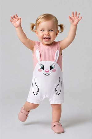 Kız Bebek Tulum Yazlık %100 Pamuk Ribana Kolsuz Tavşan Baskılı Çıtçıtlı Bebek Tulumu 0-9 Ay
