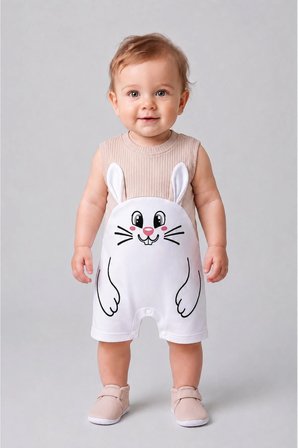 Erkek Bebek Tavşan Desenli Yazlık Tulum Fitilli Pamuklu Kolsuz Bebek Tulumu Çıtçıtlı Romper 0-9 Ay