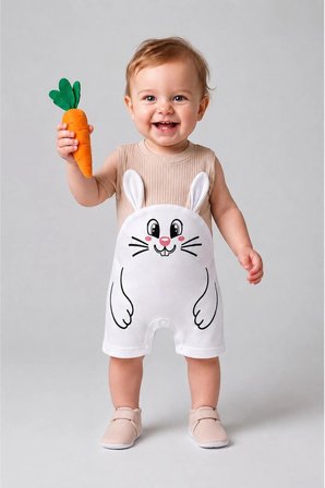 Erkek Bebek Tavşan Desenli Yazlık Tulum Fitilli Pamuklu Kolsuz Bebek Tulumu Çıtçıtlı Romper 0-9 Ay