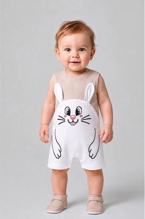 Erkek Bebek Tavşan Desenli Yazlık Tulum Fitilli Pamuklu Kolsuz Bebek Tulumu Çıtçıtlı Romper 0-9 Ay