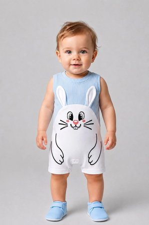 Erkek Bebek Tavşan Desenli Yazlık Tulum Fitilli Pamuklu Kolsuz Bebek Tulumu Çıtçıtlı Romper 0-9 Ay