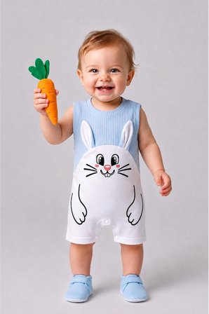 Erkek Bebek Tavşan Desenli Yazlık Tulum Fitilli Pamuklu Kolsuz Bebek Tulumu Çıtçıtlı Romper 0-9 Ay