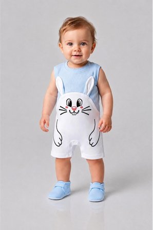 Erkek Bebek Tavşan Desenli Yazlık Tulum Fitilli Pamuklu Kolsuz Bebek Tulumu Çıtçıtlı Romper 0-9 Ay