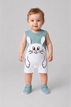 Erkek Bebek Tavşan Desenli Yazlık Tulum Fitilli Pamuklu Kolsuz Bebek Tulumu Çıtçıtlı Romper 0-9 Ay