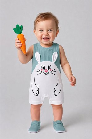 Erkek Bebek Tavşan Desenli Yazlık Tulum Fitilli Pamuklu Kolsuz Bebek Tulumu Çıtçıtlı Romper 0-9 Ay