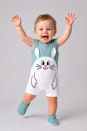 Erkek Bebek Tavşan Desenli Yazlık Tulum Fitilli Pamuklu Kolsuz Bebek Tulumu Çıtçıtlı Romper 0-9 Ay