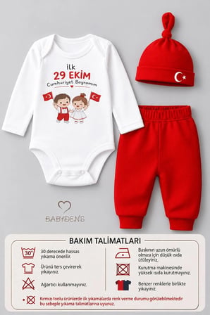 İlk 29 Ekim Cumhuriyet Bayramım Baskılı 3'lü Bebek Takımı 100 Pamuk Uzun Kollu Çıtçıtlı Body Pantolon Bere Seti