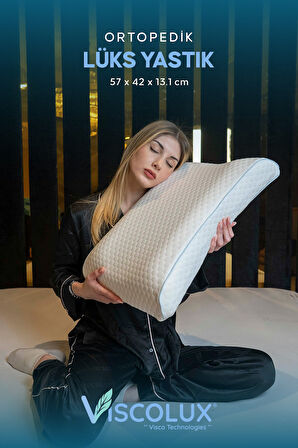 Bombeli Lüx Boyun Destekli Ortopedik Yastık; Anti-aging Visco Yastık Mavi 57x42x13/11