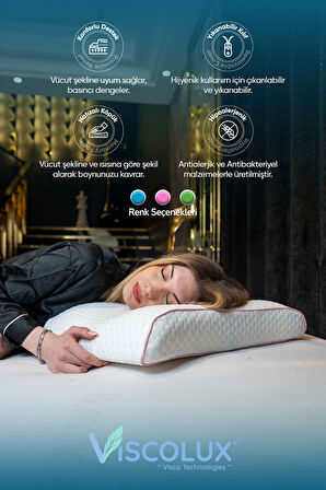 Bombeli Lüx Boyun Destekli Ortopedik Yastık; Anti-aging Visco Yastık Mavi 57x42x13/11