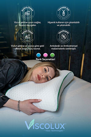 Bombeli Lüx Boyun Destekli Ortopedik Yastık; Anti-aging Visco Yastık Mavi 57x42x13/11