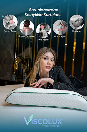 Bombeli Lüx Boyun Destekli Ortopedik Yastık; Anti-aging Visco Yastık Mavi 57x42x13/11