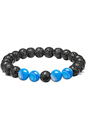Sertifikalı Doğal Mavi Akik Volkanik Lav Taşı Doğal Taş Bileklik Seti