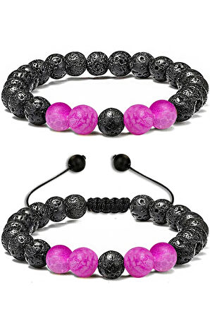 Sertifikalı Doğal Pembe Akik Volkanik Lav Taşı Doğal Taş Bileklik Seti