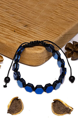 Sertifikalı Altıgen Mavi Hematit Taşı Bileklik - Makrome