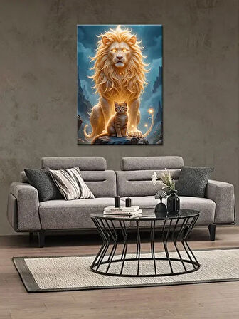 Bedeko Kedi ve Aslan Resmi Ahşap Tablo