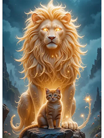 Bedeko Kedi ve Aslan Resmi Ahşap Tablo