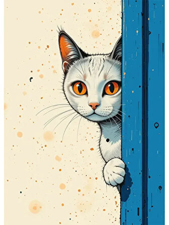 Bedeko Kapıdan Bakan Beyaz Kedi Ahşap Tablo