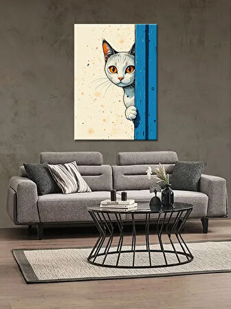 Bedeko Kapıdan Bakan Beyaz Kedi Ahşap Tablo