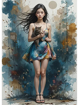 Bedeko Uzak Doğulu Kadın ve Kedisi Mdf Tablo