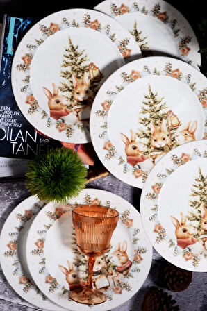 Yılbaşı Desen Özel Tasarım 6'lı Bunny Christmas Dijital Baskı Servis Tabağı 26 Cm