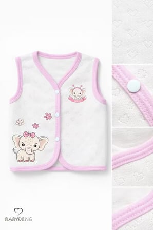 Kız Bebek Yelek Jakarlı Kalp Desenli Pamuklu Çıtçıtlı Fil Baskılı Bebek Yeleği Mevsimlik,Yumuşak