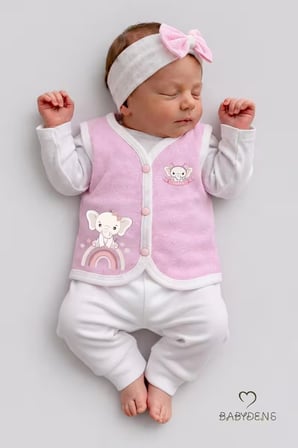 Kız Bebek Yelek Jakarlı Kalp Desenli Pamuklu Çıtçıtlı Fil Baskılı Bebek Yeleği Mevsimlik,Yumuşak