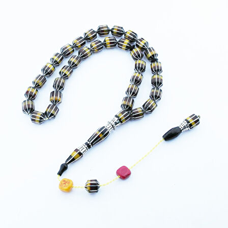 Tıraşlı Kesme 1000 Ayar Gümüş İşlemeli Oltu Taşı Ve Galalith  Karpuz Dilim İşlemeli Tespih