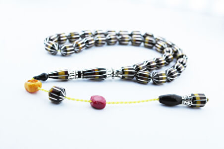 Tıraşlı Kesme 1000 Ayar Gümüş İşlemeli Oltu Taşı Ve Galalith  Karpuz Dilim İşlemeli Tespih