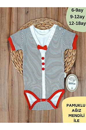 Kırmızı Erkek Bebek Body Çizgili Papyonlu Çıtçıtlı Kısa Kollu Şık Bebek Zıbın Yazlık %100 Pamuklu