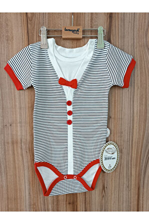 Kırmızı Erkek Bebek Body Çizgili Papyonlu Çıtçıtlı Kısa Kollu Şık Bebek Zıbın Yazlık %100 Pamuklu