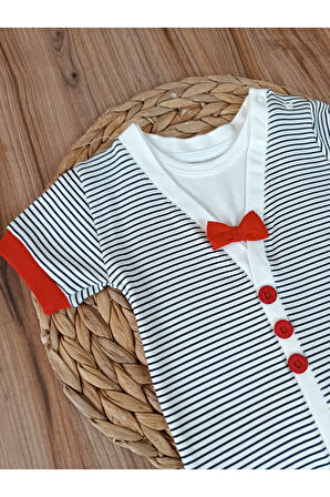 Kırmızı Erkek Bebek Body Çizgili Papyonlu Çıtçıtlı Kısa Kollu Şık Bebek Zıbın Yazlık %100 Pamuklu