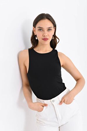 Askılı Bisiklet Yaka Kadın Siyah Bodysuit