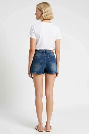 Kadın Şort Etek Yüksek Bel Kısa Düz Desen Az Esnek Denim Cep Detaylı Boru Paça Comfort Dokuma