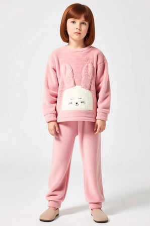 Kız Çocuk Bisiklet Yaka Standart Kol Uzun Kol Regular Kalıp Peluş Örme Pijama Takımı Dayanıklı