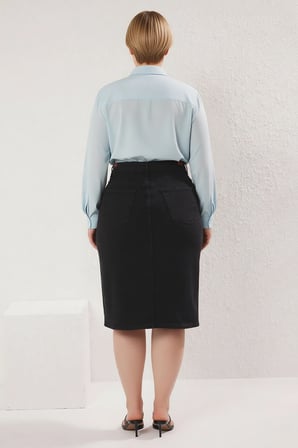 Kadın Büyük Beden Yüksek Bel Kalem Kesim Midi Denim Etek Pamuk Karışımlı Konforlu Günlük Rahat Şık