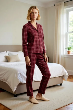Kadın Ekose Gömlek Yaka Standart Kol Regular Kalıp Pijama Takımı Fonksiyonel Şık