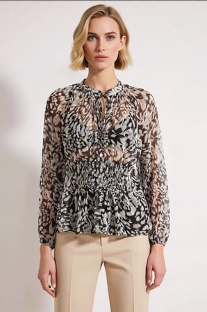 Kadın Bluz Dokuma Dik Yaka Reglan Kol Uzun Gipeli Bel Soyut Desenli Şifon Transparan Rahat
