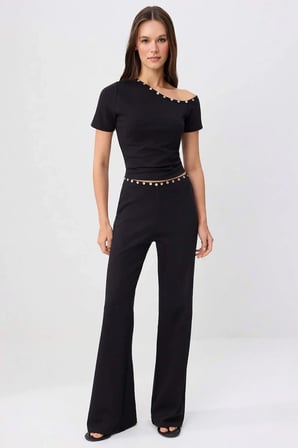 Kadın Kısa Kollu Crop Top Sedef Düğmeli Asimetrik Yaka Ribana Örme Vücuda Oturan Kesim XS Günlük