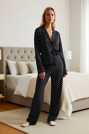 Kadın V Yaka Standart Kol Relaxed Kalıp Uzun Kollu Dokuma Pijama Takımı