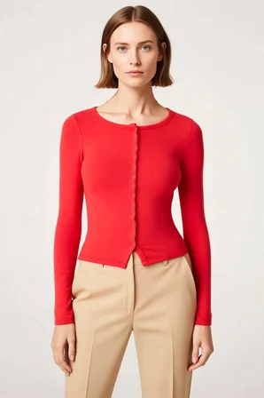 Kadın Bluz Bisiklet Yaka Uzun Kol Fitted Kalıp Örme Kumaş Çıtçıt Detaylı Crop Kesim Düz Desenli