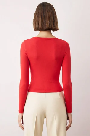 Kadın Bluz Bisiklet Yaka Uzun Kol Fitted Kalıp Örme Kumaş Çıtçıt Detaylı Crop Kesim Düz Desenli