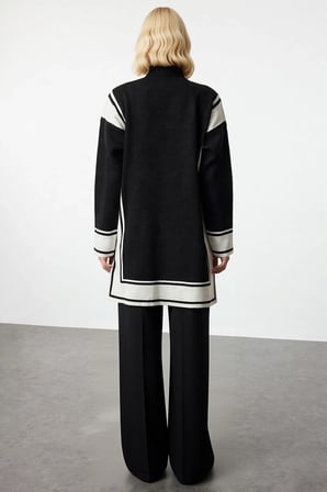 Kadın Büyük Beden Oversize Triko Tunik Pantolon Takımı Renk Bloklu Çizgili Dik Yaka Uzun Kol Günlük