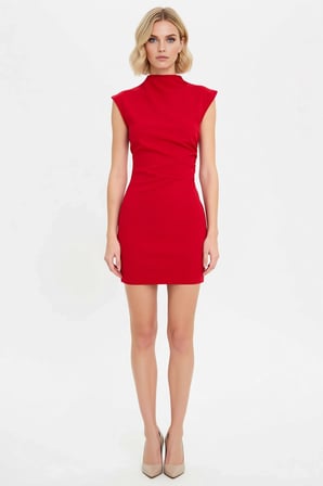 Kadın Kolsuz Dik Yaka Bodycon Mini Elbise Esnek Dokuma Astarsız Konforlu Kesim Günlük Rahat Modern