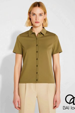 Kadın Bluz Crop Polo Yaka Kısa Kol Düğmeli Fitted Penye Süprem Örme Düz Fonksiyonel