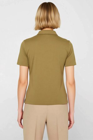 Kadın Bluz Crop Polo Yaka Kısa Kol Düğmeli Fitted Penye Süprem Örme Düz Fonksiyonel