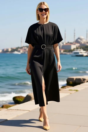 Kadın Maxi Elbise Yarasa Kol Bisiklet Yaka Kuşaklı Belden Açılan A-line Kesim Rahat Günlük Modern