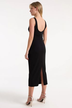 Kadın Bodycon Midi Elbise Havuz Yaka Kolsuz Düz Desen Örme Scuba Krep Astarsız Fonksiyonel