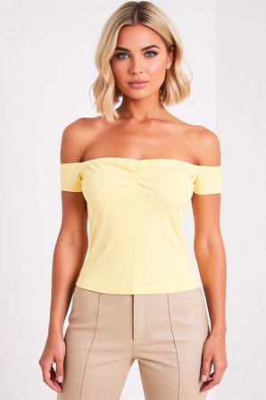 Kadın Bluz Carmen Yaka Düşük Kısa Kol Fitted Vücuda Oturan Örme Çizgili Büzgülü Kaşkorse Regular Boy