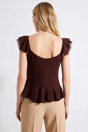 Kadın Bluz V Yaka Fırfırlı Kol Crop Tül Örme Düğmeli Fitted Düz Desenli Yazlık Tasarım Şık